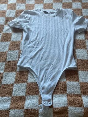 SO White Ribbed Short-Sleeve Bodysuit with Snap Crotch